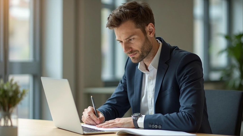 Professionele foto van volwassene die studeert met notities en laptop aan bureau, moderne werkplek, natuurlijk daglicht, onscherpe achtergrond, GEEN tekst, GEEN watermerken