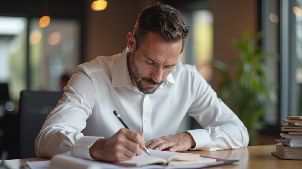 Persoon schrijft doelstellingen in notitieboek met ondersteunende omgeving