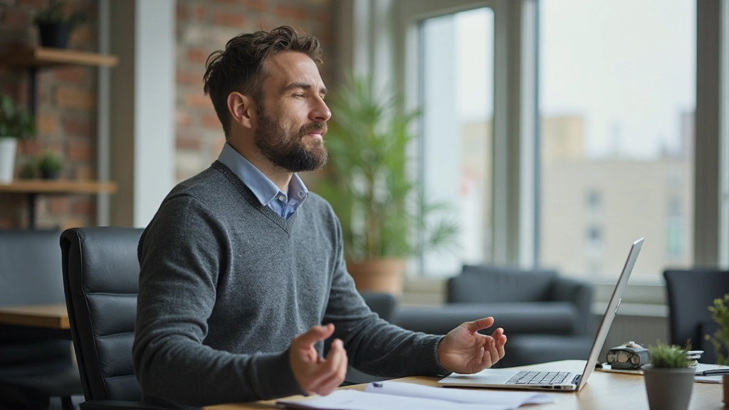Man voert mindfulness oefening uit op kantoor met rustgevende omgeving