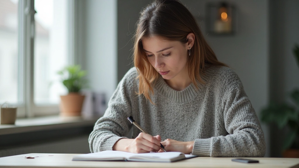 Professionele foto van een persoon die ambitieus plannen uitwerkt aan een bureau met notitieblok en pen