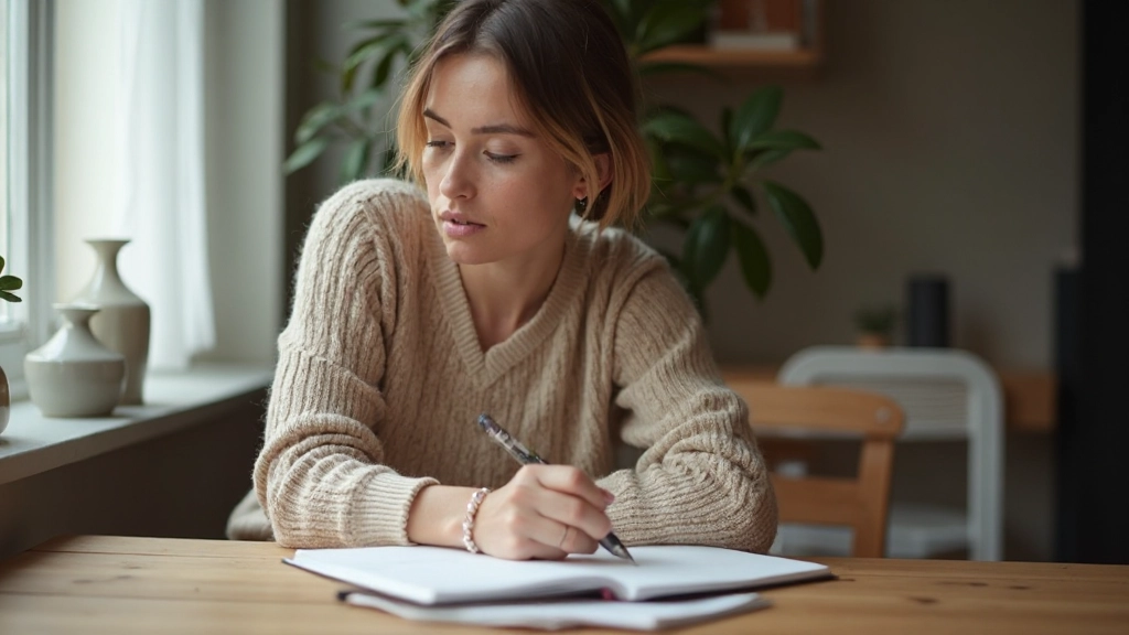 Vrouw in meditatieve houding die in een notitieboek schrijft, natuurlijk daglicht door venster