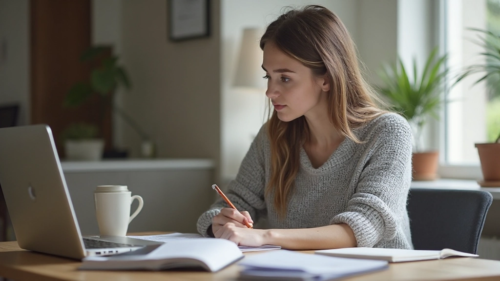 Professional person studying at desk with notebook and laptop in modern workspace