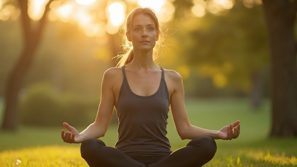 Persoon in yoga-houding met vredige gezichtsuitdrukking in natuurlijke omgeving